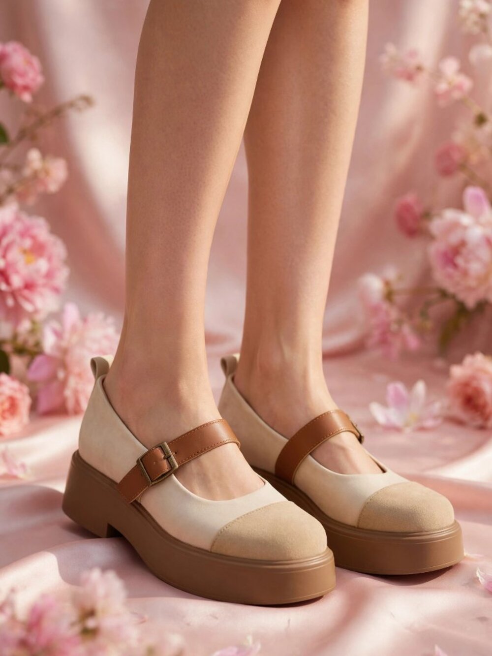 Beige Cream Mary Jane Platform Flats – EU 36-36.5